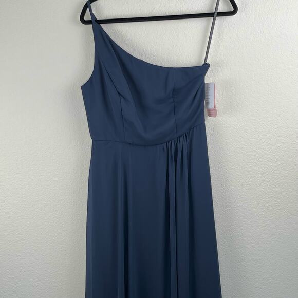 After Six Midnight Navy One-Shoulder Luxe Chiffon Slit Maxi Gown Dress 8 NWT - Picture 7 of 15